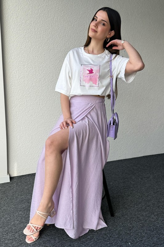 ETK-02321 Lila Çan Model Yırtmaçlı Bel Lastikli Salaş Uzun Etek - 1