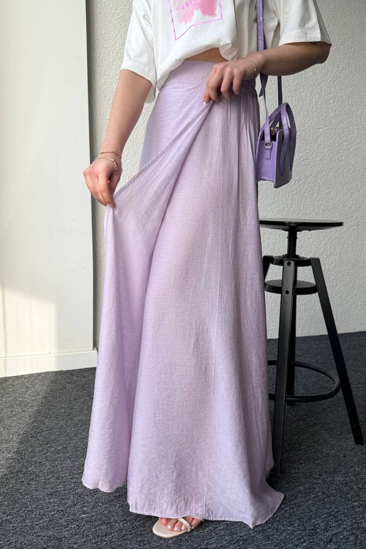 ETK-02321 Lila Çan Model Yırtmaçlı Bel Lastikli Salaş Uzun Etek - 3