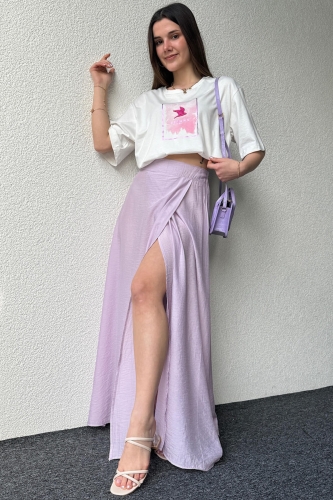 ETK-02321 Lila Çan Model Yırtmaçlı Bel Lastikli Salaş Uzun Etek - 2