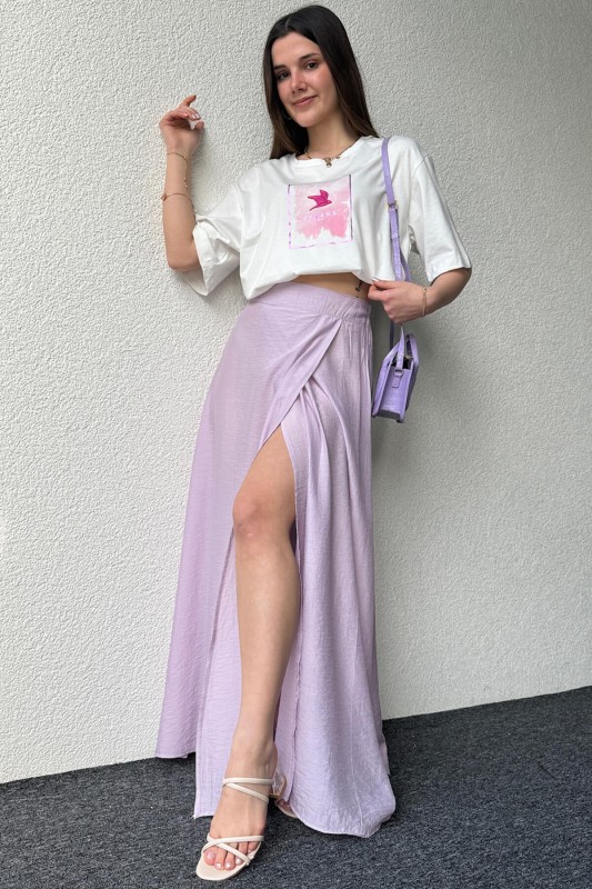 ETK-02321 Lila Çan Model Yırtmaçlı Bel Lastikli Salaş Uzun Etek - 2