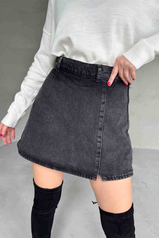 ETK-02327 Füme Yan Düğme Detaylı Mini Kot Şort Etek - 1