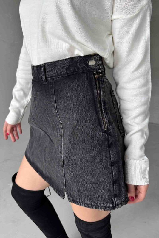 ETK-02327 Füme Yan Düğme Detaylı Mini Kot Şort Etek - 2