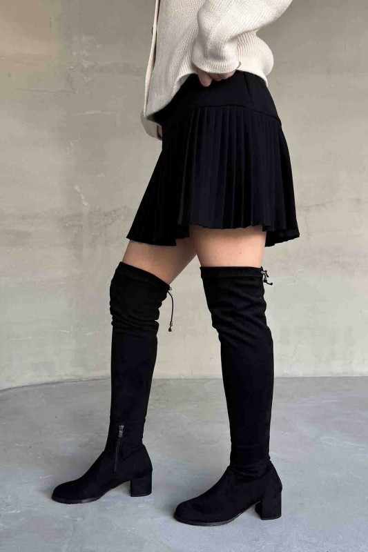 ETK-02328 Siyah Pileli Crep Kumaş Mini Etek - 2