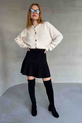 ETK-02328 Siyah Pileli Crep Kumaş Mini Etek - 3