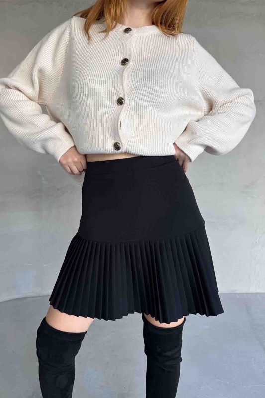 ETK-02328 Siyah Pileli Crep Kumaş Mini Etek - 1