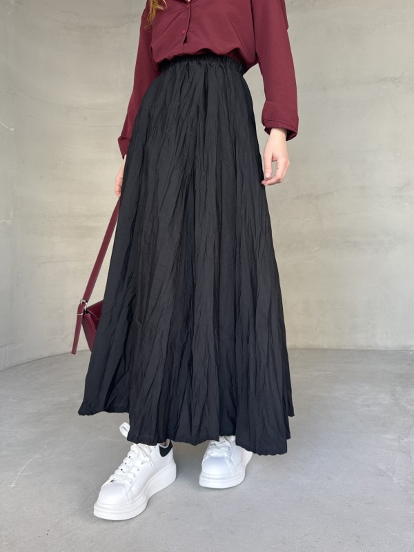 ETK-02332 Siyah Buruşuk Kumaş Uzun Bel Lastikli Salaş Etek - 2