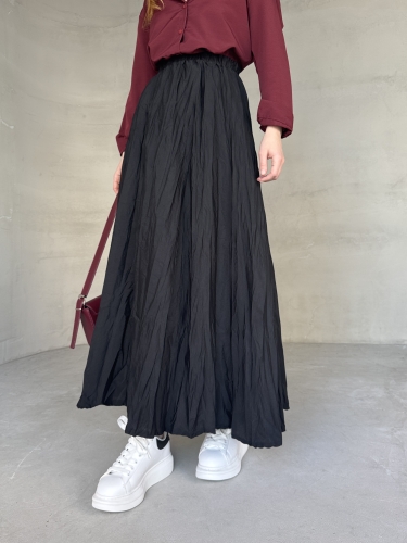 ETK-02332 Siyah Buruşuk Kumaş Uzun Bel Lastikli Salaş Etek - Cappmoda