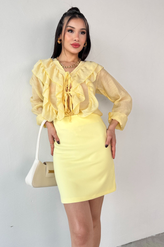 ETK-02337 Sarı Yandan Fermuarlı Astarlı Basic Mini Etek 