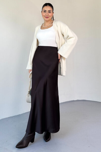 ETK-02340 Acı Kahve Tam Boy Bel Lastikli Saten Etek - Cappmoda (1)