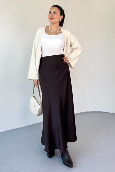 ETK-02340 Acı Kahve Tam Boy Bel Lastikli Saten Etek - Cappmoda