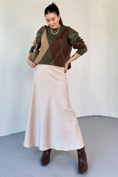 ETK-02340 Bej Tam Boy Bel Lastikli Saten Etek - Cappmoda (1)