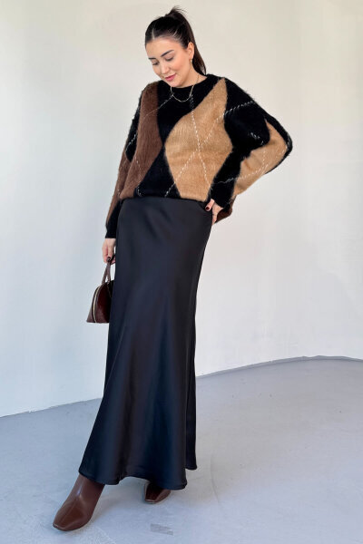 ETK-02340 Siyah Tam Boy Bel Lastikli Saten Etek - Cappmoda