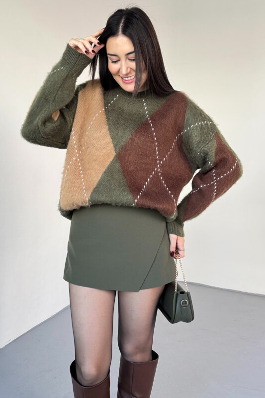 ETK-02341 Haki Double Kumaş Katlı Mini Şort Etek - 1