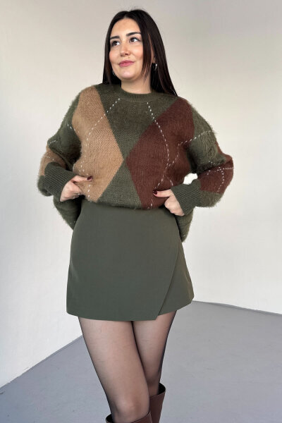 ETK-02341 Haki Double Kumaş Katlı Mini Şort Etek - 4