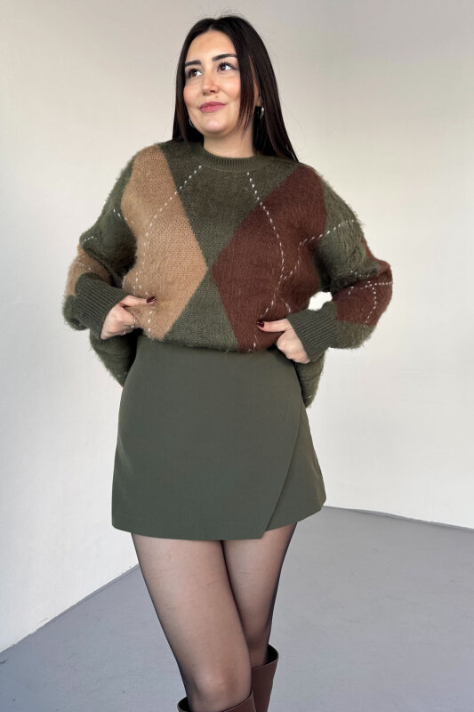 ETK-02341 Haki Double Kumaş Katlı Mini Şort Etek - 4