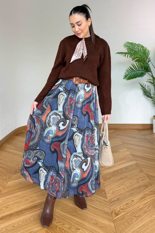 ETK-02342 Renkli Şifon Astarlı Kemerli Kışlık Etek - 3