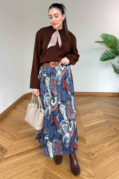 ETK-02342 Renkli Şifon Astarlı Kemerli Kışlık Etek - 5