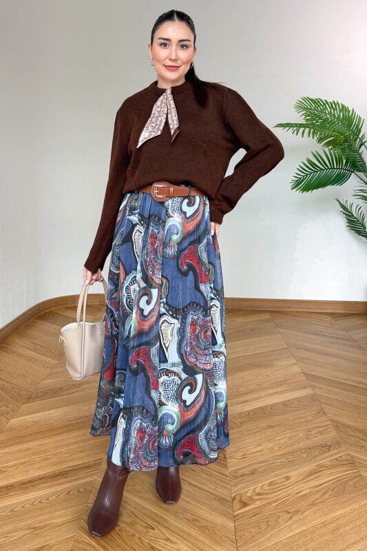 ETK-02342 Renkli Şifon Astarlı Kemerli Kışlık Etek - 7