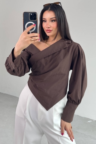 GML-0317 Acı Kahve Çapraz Bağlamalı Duble Kol Kruvaze Yaka Crop Gömlek - 2