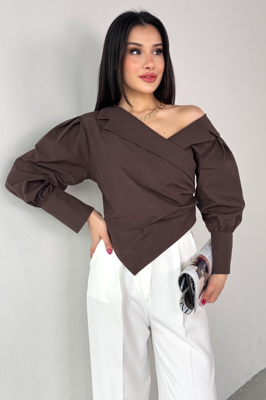 GML-0317 Acı Kahve Çapraz Bağlamalı Duble Kol Kruvaze Yaka Crop Gömlek - 5