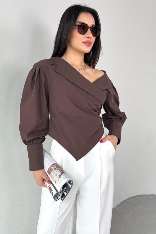 GML-0317 Acı Kahve Çapraz Bağlamalı Duble Kol Kruvaze Yaka Crop Gömlek - 6