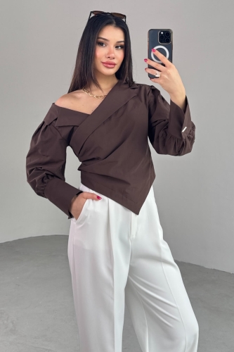 GML-0317 Acı Kahve Çapraz Bağlamalı Duble Kol Kruvaze Yaka Crop Gömlek - 7