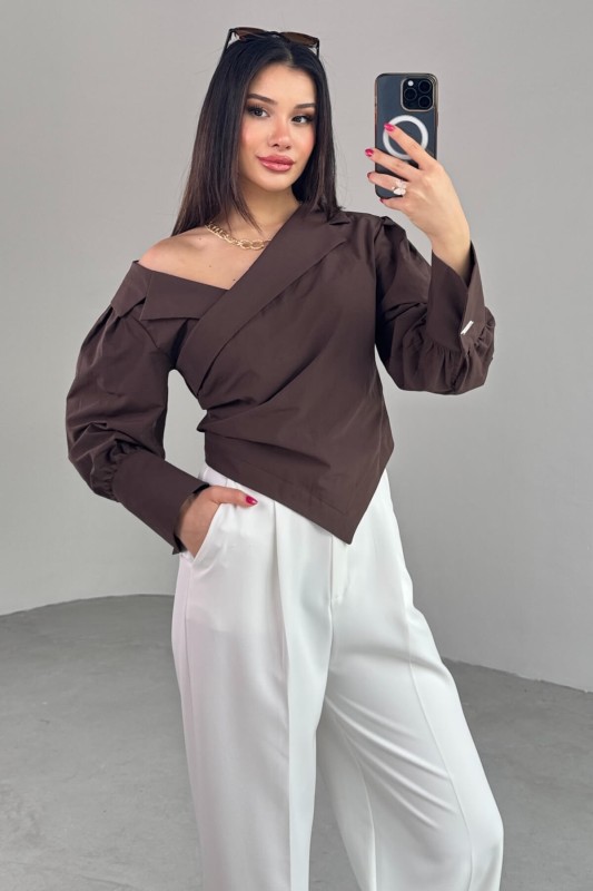 GML-0317 Acı Kahve Çapraz Bağlamalı Duble Kol Kruvaze Yaka Crop Gömlek - 7