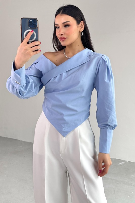 GML-0317 Bebe Mavi Çapraz Bağlamalı Duble Kol Kruvaze Yaka Crop Gömlek - 2