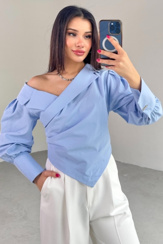 GML-0317 Bebe Mavi Çapraz Bağlamalı Duble Kol Kruvaze Yaka Crop Gömlek - 3