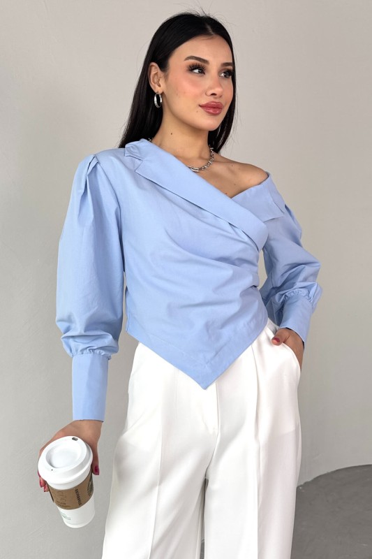 GML-0317 Bebe Mavi Çapraz Bağlamalı Duble Kol Kruvaze Yaka Crop Gömlek - 7