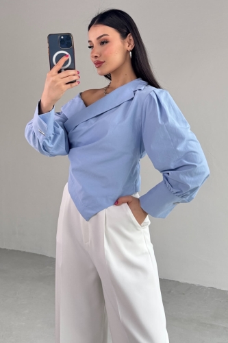 GML-0317 Bebe Mavi Çapraz Bağlamalı Duble Kol Kruvaze Yaka Crop Gömlek - 8