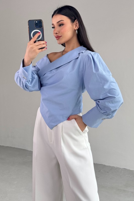 GML-0317 Bebe Mavi Çapraz Bağlamalı Duble Kol Kruvaze Yaka Crop Gömlek - 8