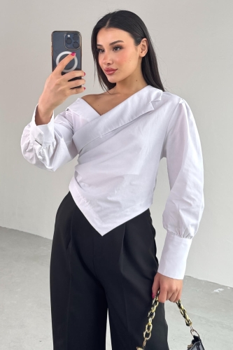 GML-0317 Beyaz Çapraz Bağlamalı Duble Kol Kruvaze Yaka Crop Gömlek - 4