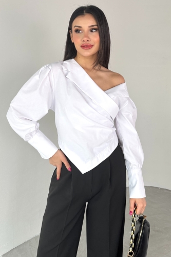 GML-0317 Beyaz Çapraz Bağlamalı Duble Kol Kruvaze Yaka Crop Gömlek - 5