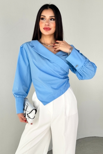 GML-0317 Mavi Çapraz Bağlamalı Duble Kol Kruvaze Yaka Crop Gömlek 
