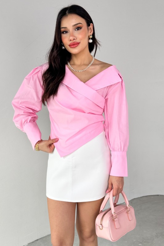 GML-0317 Pembe Çapraz Bağlamalı Duble Kol Kruvaze Yaka Crop Gömlek - 1