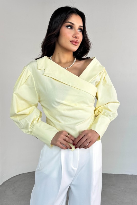 GML-0317 Sarı Çapraz Bağlamalı Duble Kol Kruvaze Yaka Crop Gömlek - 2