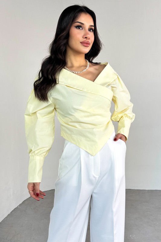 GML-0317 Sarı Çapraz Bağlamalı Duble Kol Kruvaze Yaka Crop Gömlek - 3