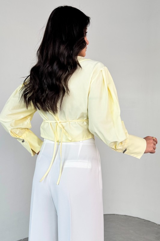 GML-0317 Sarı Çapraz Bağlamalı Duble Kol Kruvaze Yaka Crop Gömlek - 6