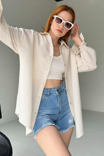 GML-10220 Ekru İnce Çizgili Zerda Kumaş Gömlek - 2