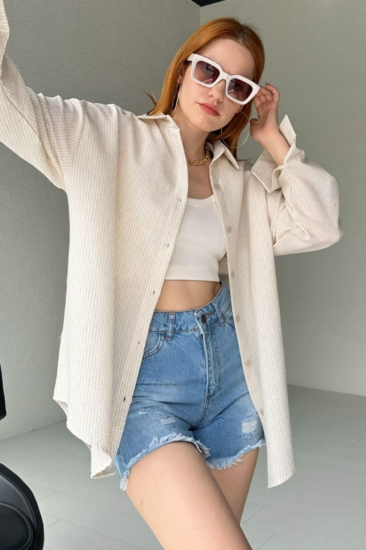 GML-10220 Ekru İnce Çizgili Zerda Kumaş Gömlek - 2