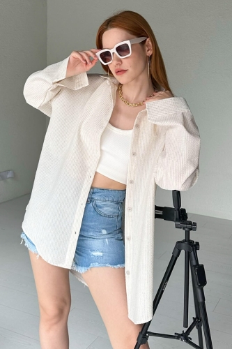 GML-10220 Ekru İnce Çizgili Zerda Kumaş Gömlek - 3