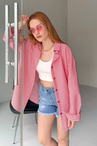 GML-10220 Kırmızı İnce Çizgili Zerda Kumaş Gömlek - 2