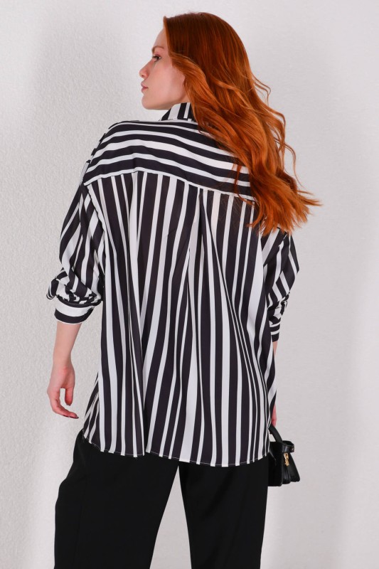 GML-10223 Siyah Beyaz Geometrik Desenli Saten Kumaş Salaş Cepli Gömlek - 5