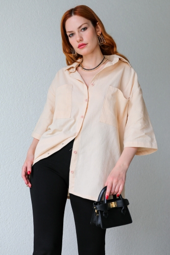 GML-10225 Krem Cepli Yarım Kol Keten Oversize Gömlek - 2