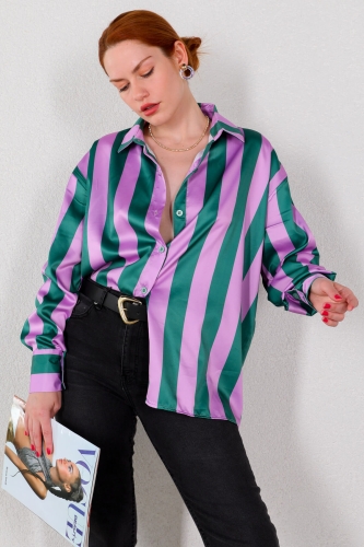 GML-10226 Lila Dikey Çizgili Saten Gömlek - 2