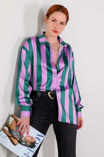 GML-10226 Lila Dikey Çizgili Saten Gömlek - 3