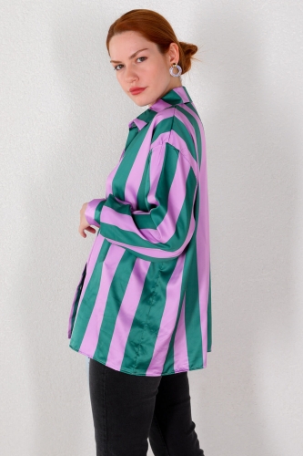 GML-10226 Lila Dikey Çizgili Saten Gömlek - 5