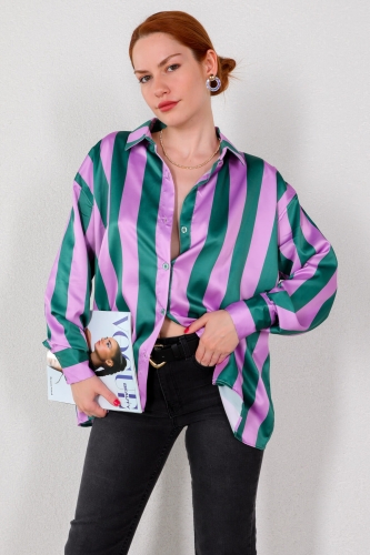 GML-10226 Lila Dikey Çizgili Saten Gömlek 
