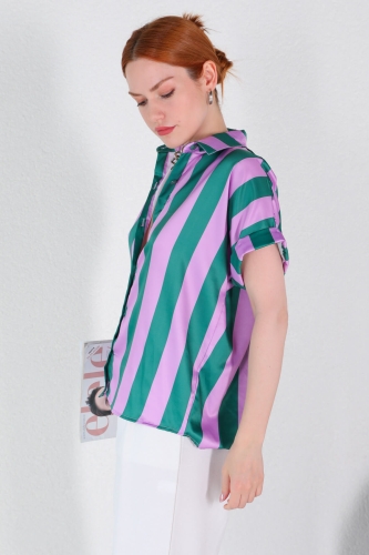 GML-10227 Lila Dikey Çizgili Kısa Kol Saten Gömlek - 3